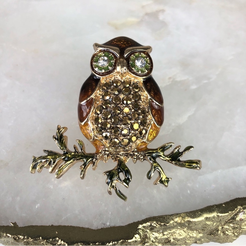 Vintage Napier antiqued gold & enamel Marcasite Owl Brooch Pin